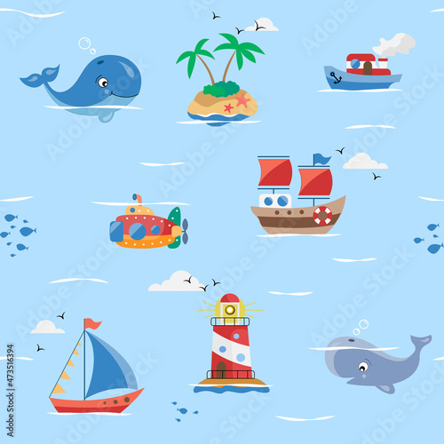 Vector seamless pattern with sea cartoon characters.Ocean illustration with islands, ships, whales, lighthouse.Repeated texture with sea cartoon characters.Kids textile pattern with marine animals