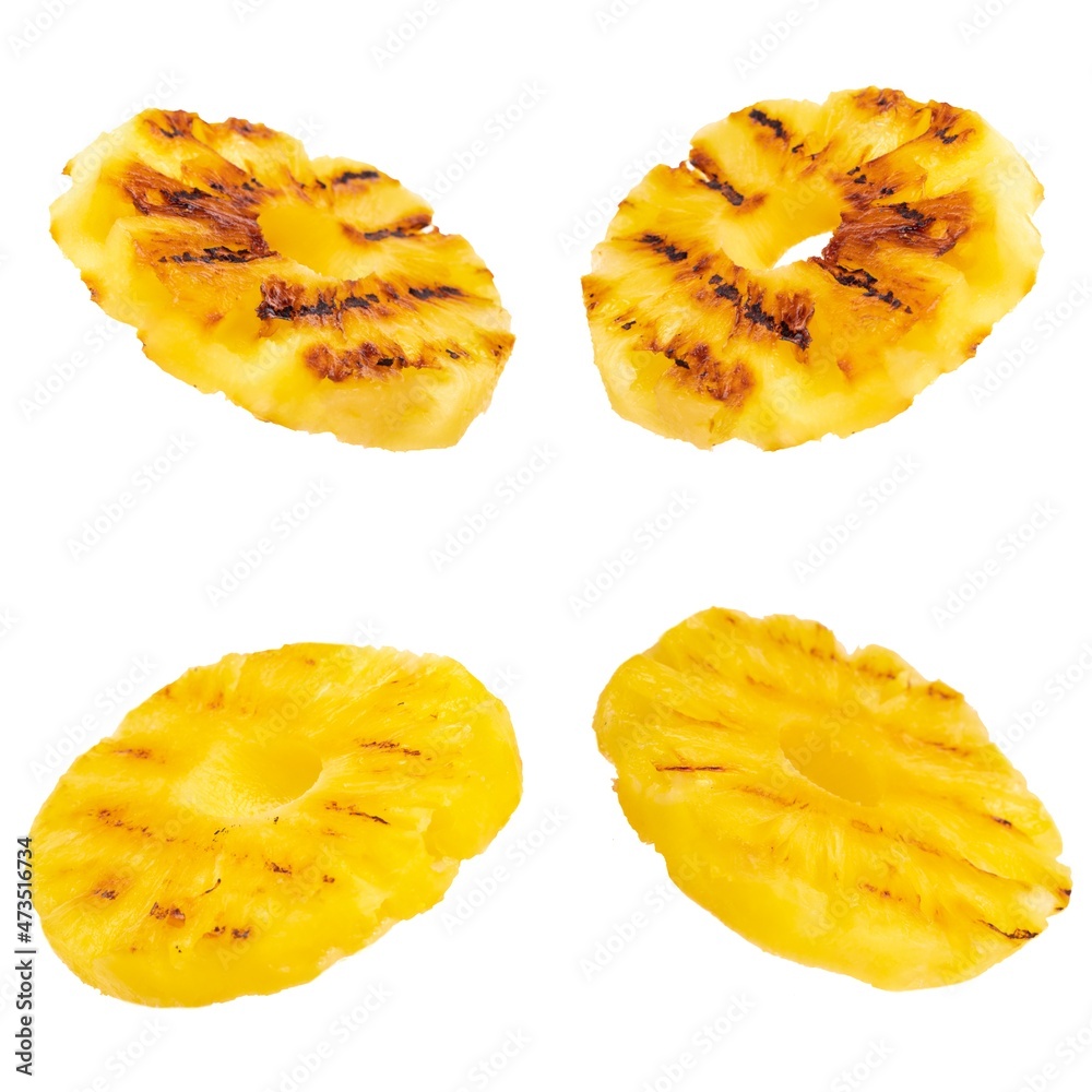 set of slices grilled pineapple isolated on white background