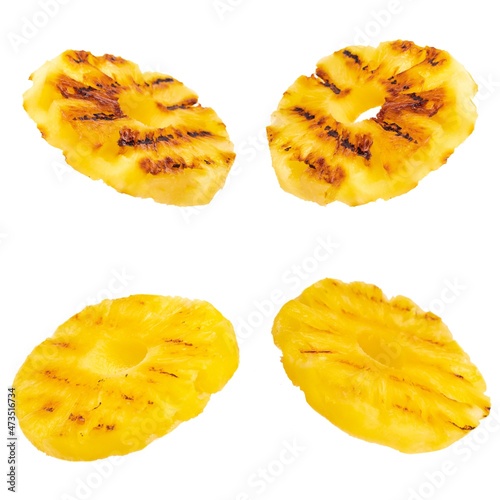 set of slices grilled pineapple isolated on white background