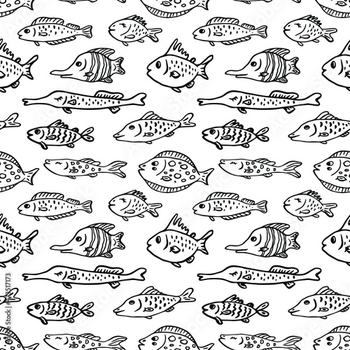 vector seamless pattern  cute black and white stylized fishes  swimming in one direction  doodle style