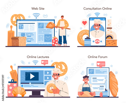 Baker online service or platform set. Chef in the uniform baking bread.