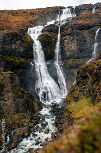 Rjukanda Waterfall Rj  kandafoss with grass in foreground  sunny day