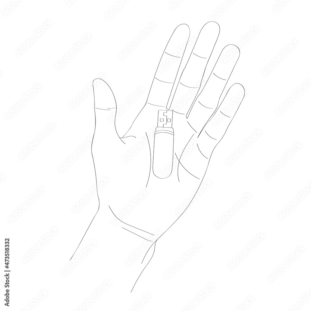 Obraz premium Flash drive in hand vector sketch. Open palm.