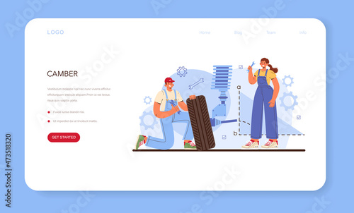 Car tire service web banner or landing page. Worker changing a tire of a car