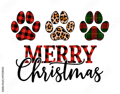 Merry Christmas - Paw print shaped dog or cat pawprints for gift tag. Hand drawn footprints for Xmas greetings cards, invitations. Good for t-shirt, mug, scrap booking, gift, printing press.