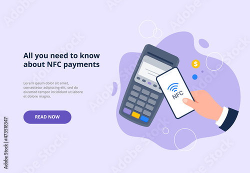 Processing of NFC payment. POS terminal with smartphone. Contactless payment, near-field communication protocol. Vector flat illustration for banners, landing page.