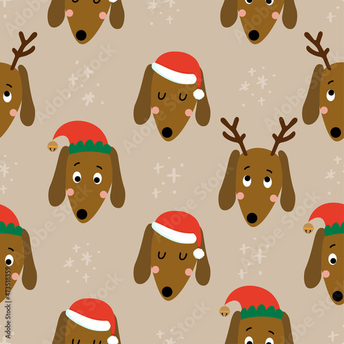 Cute christmas dachshund pattern - Adorable sausage dog characters. Hand drawn doodle set for kids. Good for textiles, nursery, wallpaper, clothes. Woof words. Christmas gift wrapping paper.