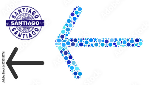 Circle mosaic arrow left icon and SANTIAGO round unclean watermark. Blue stamp seal includes SANTIAGO tag inside circle and guilloche ornament. Vector mosaic is based on arrow left icon,