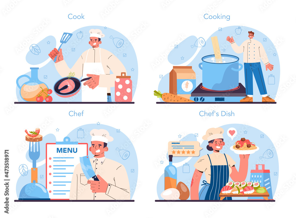 Chef concept set. Culinary specialist making and serving a tasty dish Chef concept set. Culinary specialist making and serving a tasty dish
