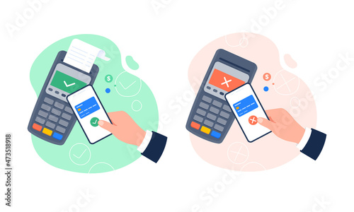 Accepting and declining payment. POS terminal with smartphone. Contactless payment, near-field communication protocol, and e-payment. Vector flat illustration.