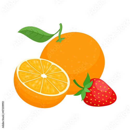 Cartoon bright natural strawberry and oranges isolated on white.