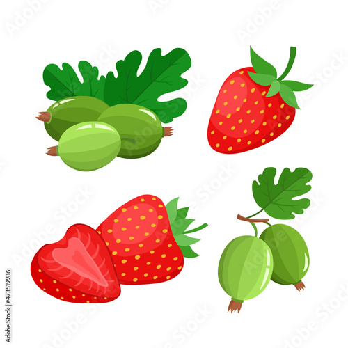 Cartoon bright natural strawberries and gooseberries isolated on white.