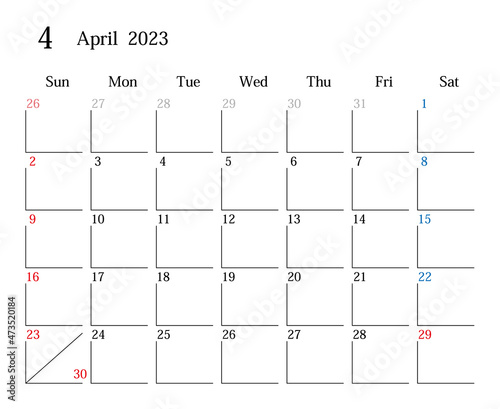 2023年4月、日本のカレンダー