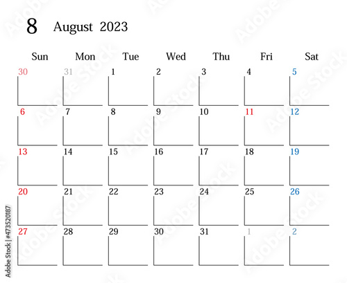 2023年8月、日本のカレンダー