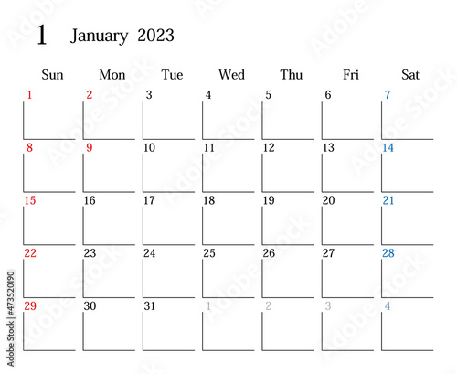 2023年1月、日本のカレンダー