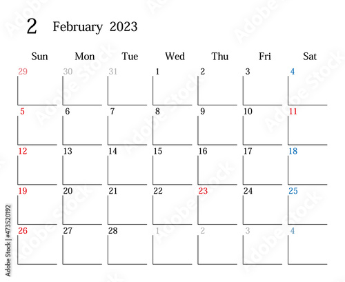 2023年2月、日本のカレンダー