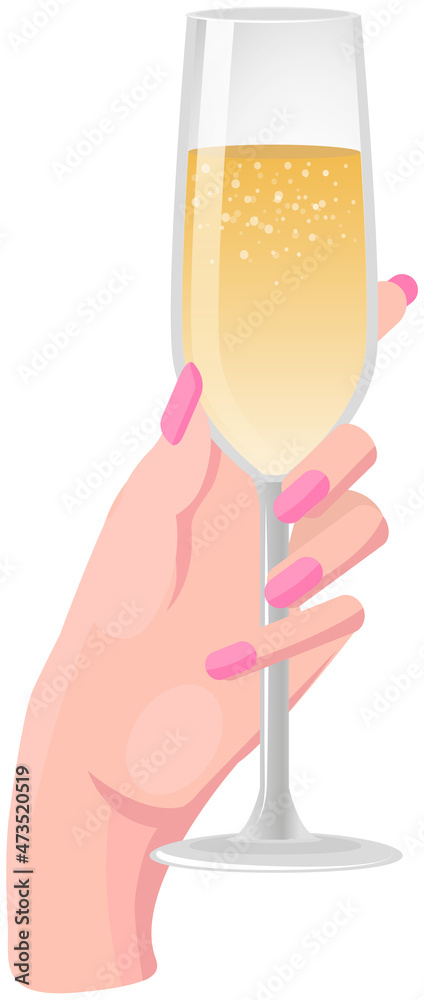 Woman hand holding champagne glass isolated on white background. Sparkling wine, light alcoholic drink for holiday celebration. Female hand with alcohol, champagne, carbonated beverage in glass