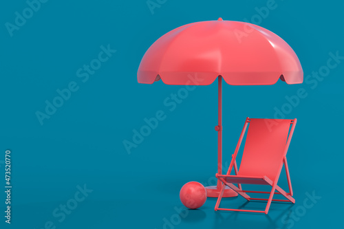 Beach chair with umbrella and beach ball on blue background.