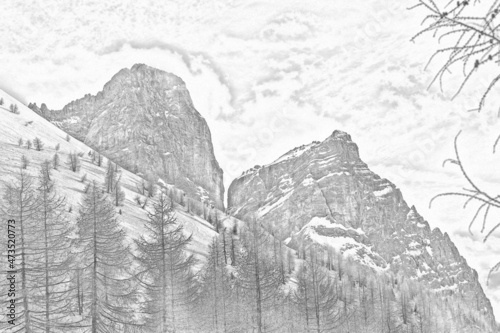 Illustration with charcoal technique of Mount Pelmo in winter conditions. Selva di Cadore, Dolomites, Italy