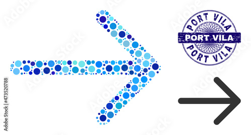 Round dot collage arrow right icon and PORT VILA round grunge stamp seal. Violet stamp seal includes PORT VILA text inside circle and guilloche structure. Vector mosaic is based on arrow right icon,