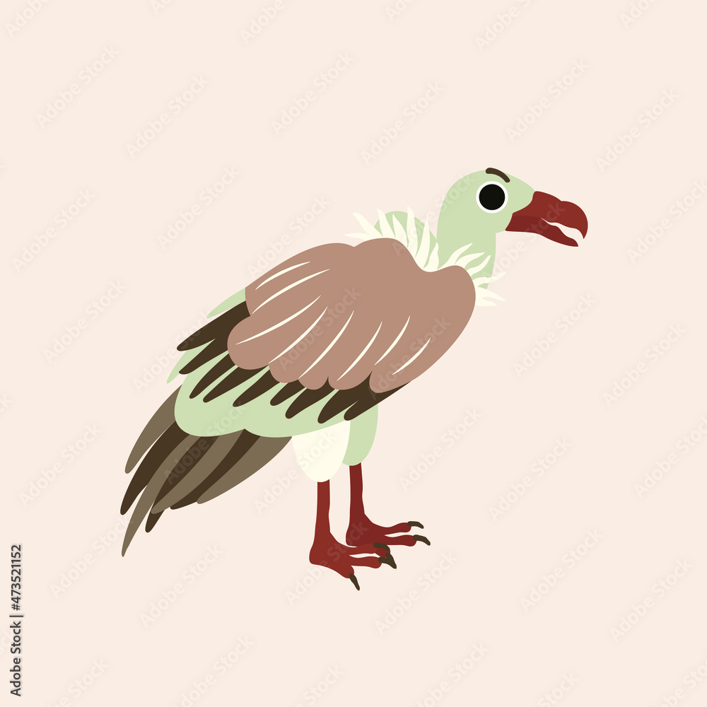 Obraz premium Vector isolated illustration with cute predatory bird, vulture in flat simple style on beige background. Children's bright color picture, hand-drawn print. A collection of cartoon kind, funny.