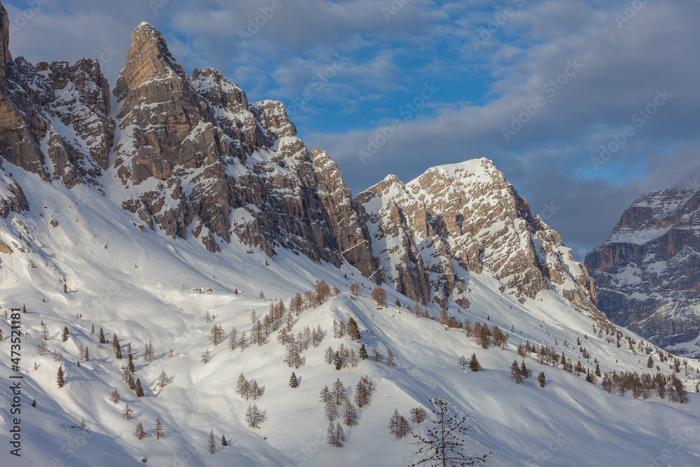 Snow-covered slopes with larches at the foot of imposing Dolomite walls. Rocchetta ridge, San Vito di Cadore, Italy