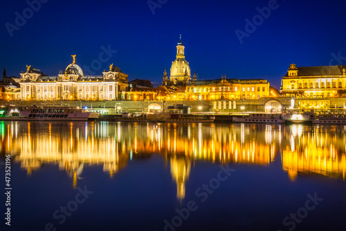 Cityscape of Dresden at Elbe River at night, Germany