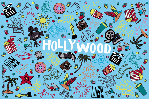 Los Angeles doodle illustration. Hollywood holiday travel flat drawing. Modernf flat LA illustration. Hand sketched poster, banner, postcard, card template for travel company, T-shirt, shirt. Vector