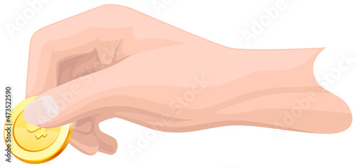 Human hand with coin isolated. Realistic 3d coin. Money donation, charity, investment. Profit, income, salary increase. Hand holding gold dollar penny. Person pay with gold cent between fingers