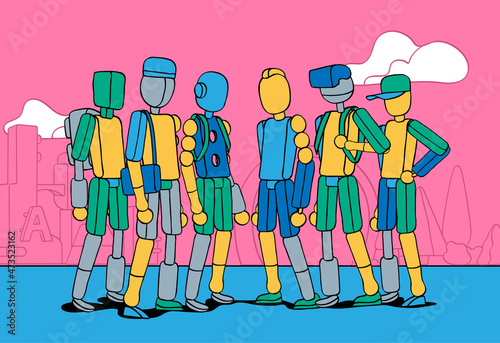 Gruppo di personaggi bizzarri composti da varie forme colorate