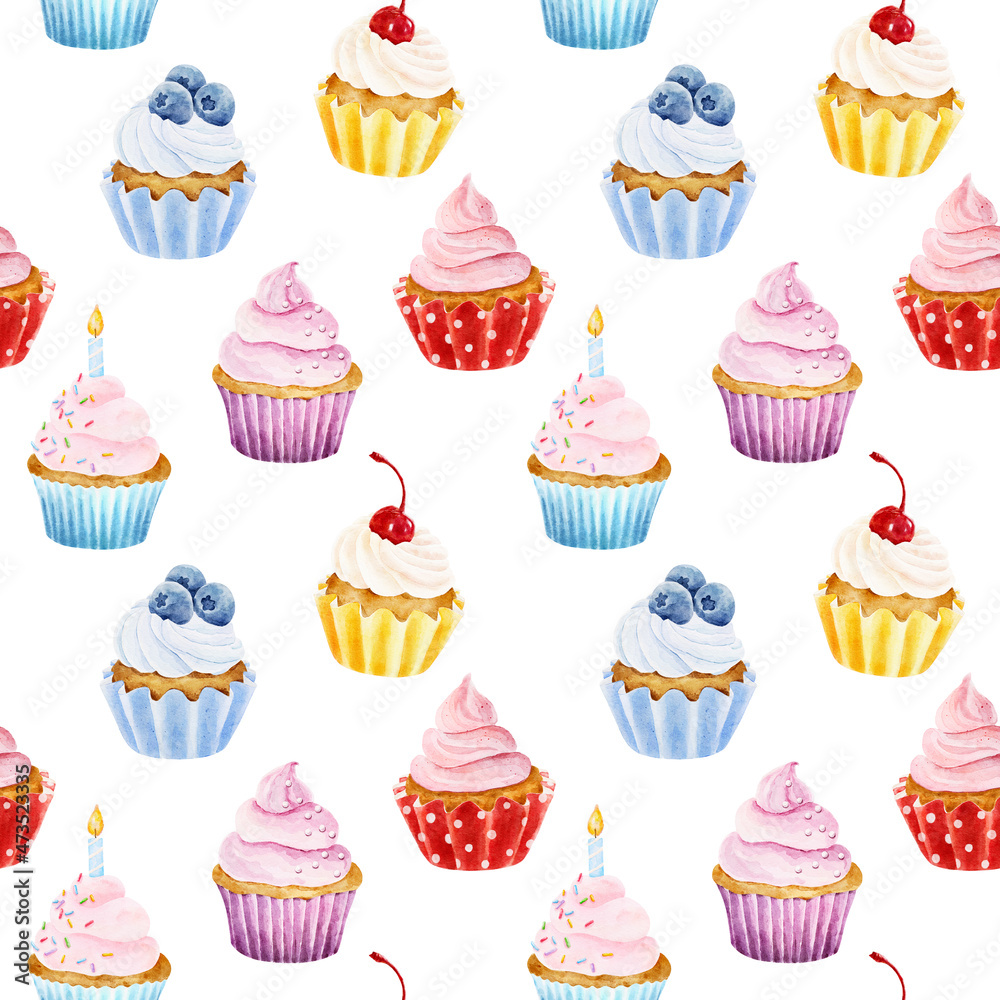 Seamless pattern with watercolor cupcakes isolated on white background. Hand drawn watercolor illustration. Seamless pattern with watercolor cupcakes isolated on white background. Hand drawn watercolor illustration.