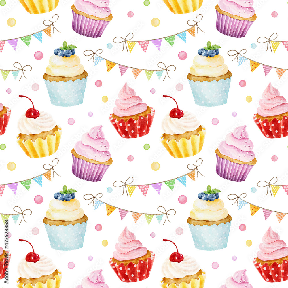 Seamless pattern with watercolor cupcakes isolated on white background. Hand drawn watercolor illustration. Seamless pattern with watercolor cupcakes isolated on white background. Hand drawn watercolor illustration.
