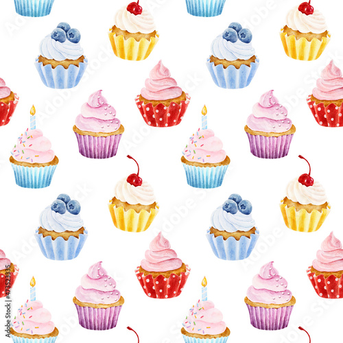 Seamless pattern with watercolor cupcakes isolated on white background. Hand drawn watercolor illustration.