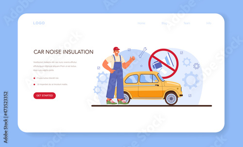 Car repair service web banner or landing page. Automobile sound insulation