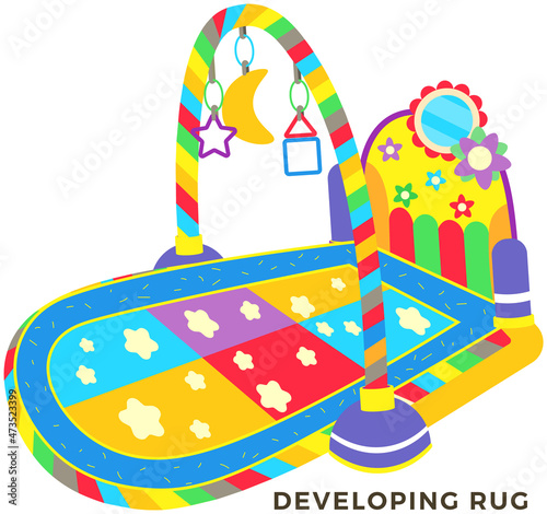 Baby deveoping rug, educational mat vector illustration. Mat with toys and educational items for playing with child. Educational toy, interior element for children. Bright rug for baby development