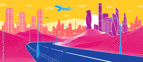 Colorful Infrastructure illustration. Highway in mountains. Modern city at color background, tower and skyscrapers, business building. Vector design art