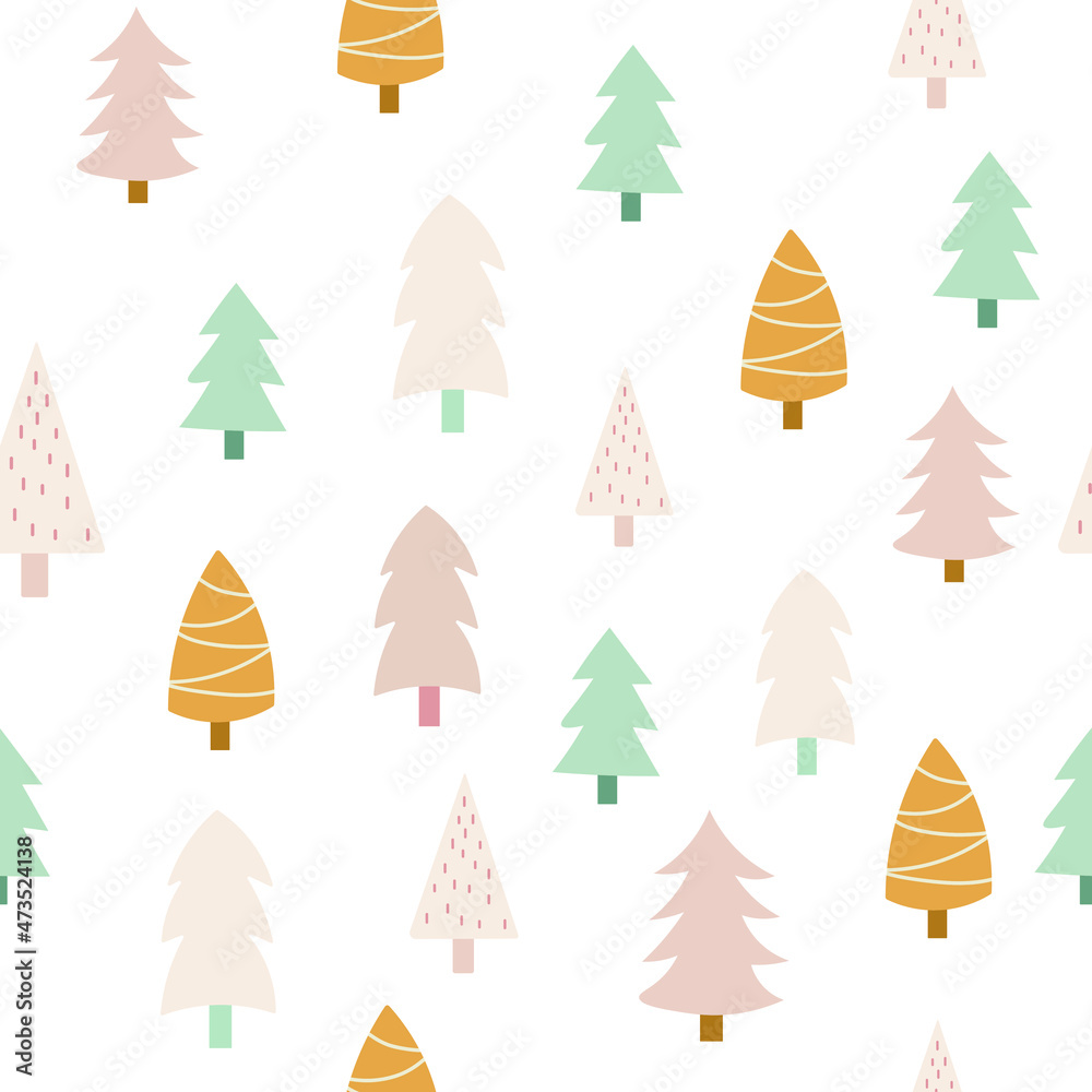 Merry Christmas seamless pattern with simple minimalist Christmas trees and Christmas trees. For greeting cards, fabric, or wrapping paper. New Year. Vector illustration.