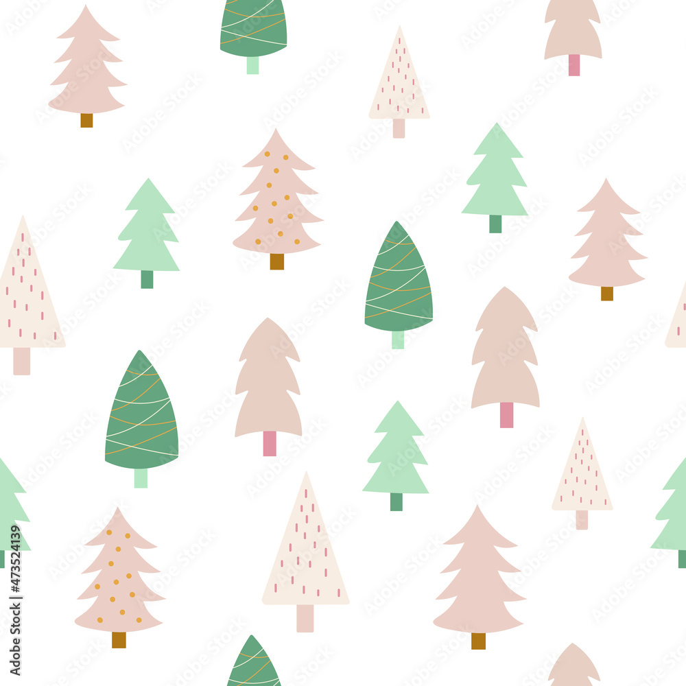Merry Christmas seamless pattern with simple minimalist Christmas trees and Christmas trees. For greeting cards, fabric, or wrapping paper. New Year. Vector illustration. Merry Christmas seamless pattern with simple minimalist Christmas trees and Christmas trees. For greeting cards, fabric, or wrapping paper. New Year. Vector illustration.