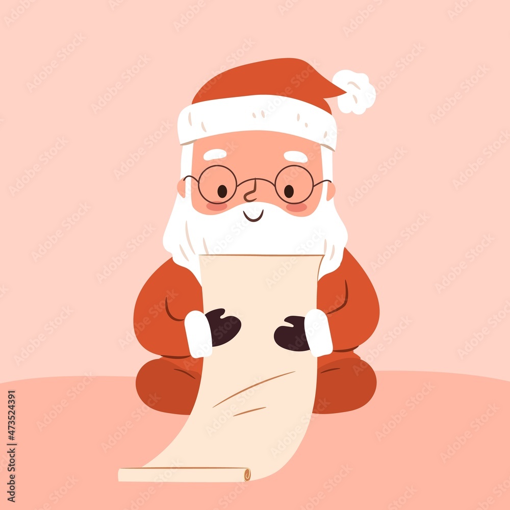 Cute Santa reading a letter. Flat vector character for Merry Christmas postcard, greeting card design.