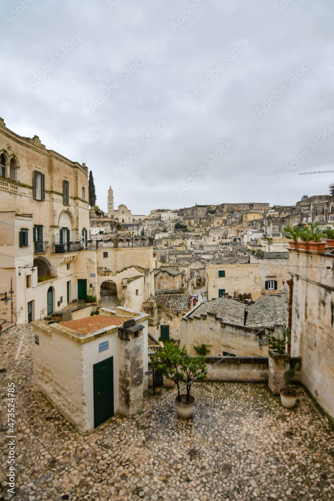 View of Matera, an ancient city built into the rock. It is located in the Basilicata region, Italy.