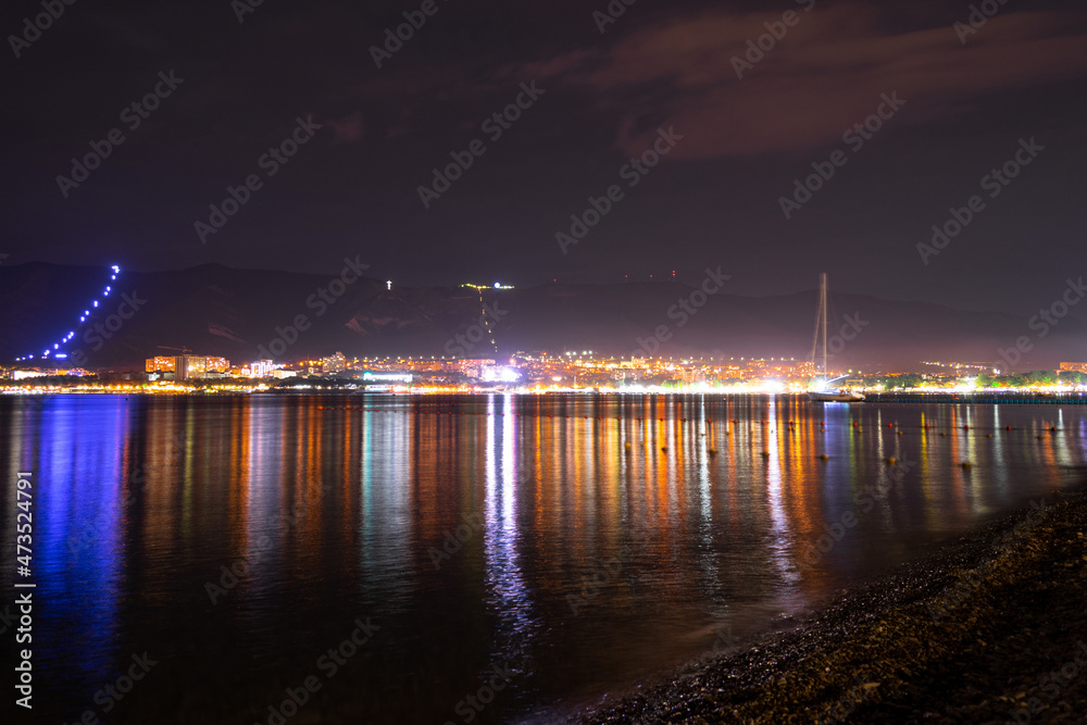 Night city with lights and mountains by the sea.