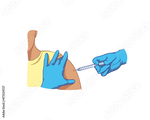 Gloved hands with a syringe injected into the shoulder. Vaccination process. Strengthen immune system, protect health, the body from viruses and infectious diseases. Colored  vector illustration