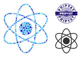 Circle composition atom icon and PRIPYAT round scratched stamp imitation. Violet stamp includes PRIPYAT text inside circle and guilloche ornament. Vector mosaic is based on atom icon,