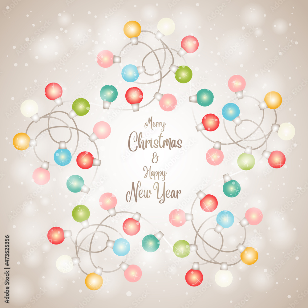 Merry Christmas and Happy New Year greeting card design with Christmas lights string background. Colorful glowing magic Christmas lights Merry Christmas and Happy New Year greeting card design with Christmas lights string background. Colorful glowing magic Christmas lights