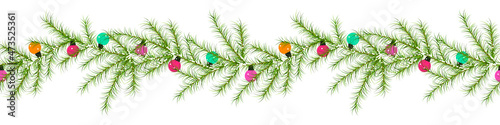 Christmas lights string with fir tree branches long border garland seamless pattern design, Merry Christmas and Happy new year background