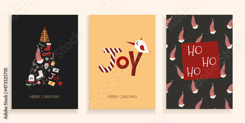 Christmas card collection in trending cute style with santa, christmas tree and lettering. Vector stock illustration