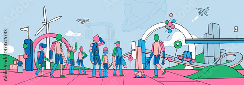 Città del futuro sostenibile con personaggi composti da forme colorate photo