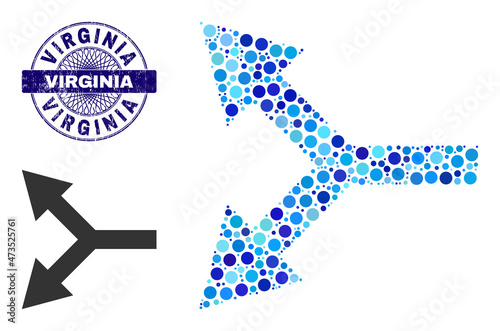 Round dot collage bifurcation arrow left icon and VIRGINIA round corroded stamp. Blue stamp seal includes VIRGINIA caption inside circle and guilloche technique.
