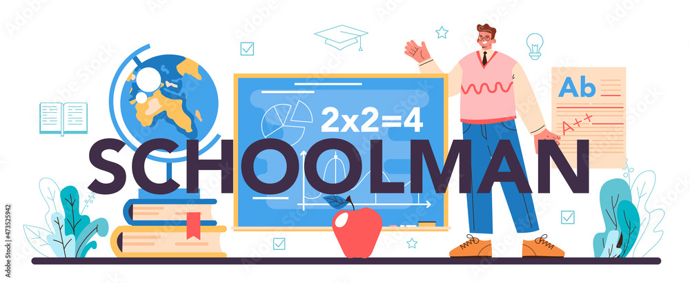 Schoolman typographic header. Teacher giving a lesson in a classroom Schoolman typographic header. Teacher giving a lesson in a classroom