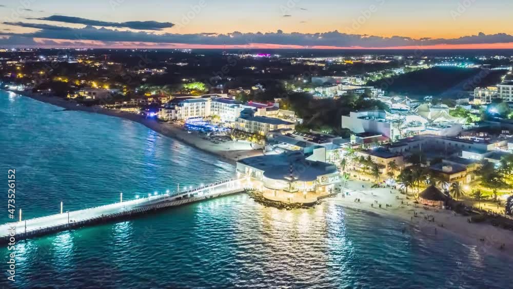 Mexico, Sunset in Playa Del Carmen, Quintana Roo, Mexico, night hyperlapse, drone images